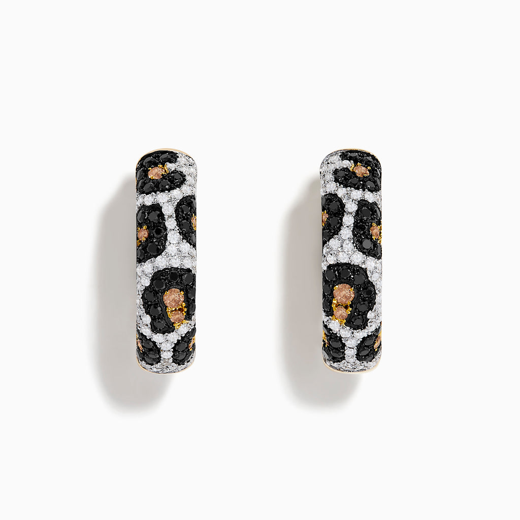 The Signature 14K Gold Black, Espresso and White Diamond Panther Print Earrings feature a textured, sparkling hoop design in elegant tones, shown against a plain white background.