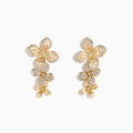 Doro 14 Karat Yellow Gold Diamond Flower Drop Earrings feature three gold floral designs with hammered petals and clusters of sparkling diamonds on each earring, arranged vertically for a striking look.