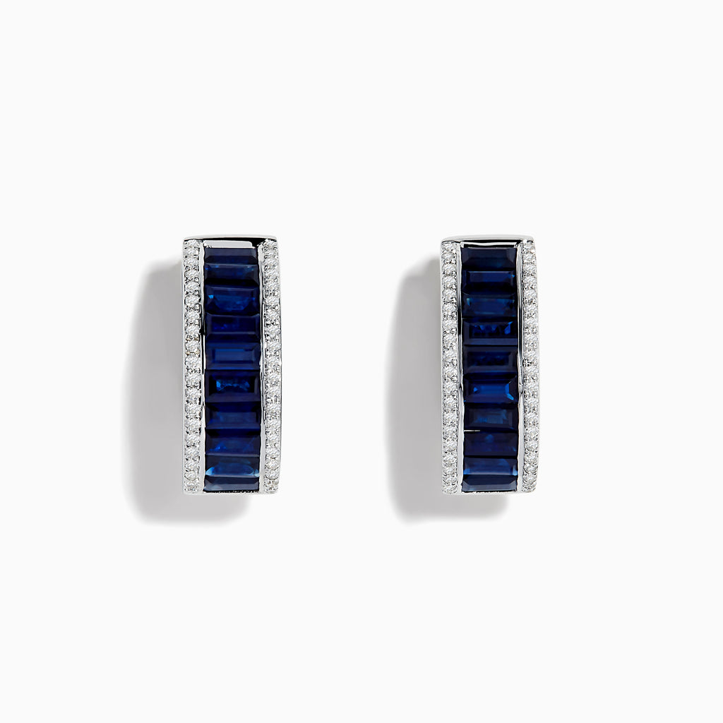 The Royale Bleu 14K White Gold Blue Sapphire and Diamond Earrings feature a center row of rectangular blue sapphires bordered by small white diamonds, all set in white gold and displayed on a plain white background.