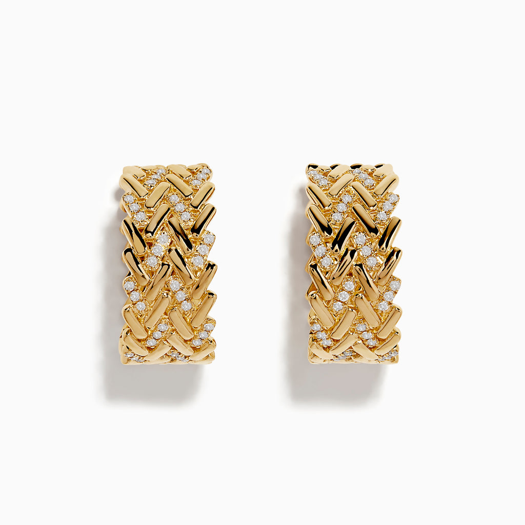The DOro 14K Yellow Gold Diamond Hoop Earrings showcase an intricate braided design with sparkling diamonds, elegantly displayed against a white background.