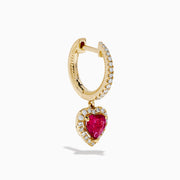 14K Yellow Gold Pink Sapphire and Diamond Heart Dangle Earrings, featuring heart-shaped pink sapphires with diamond halos and diamond-accented hooks, elegantly displayed on a white background.