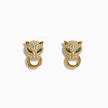 The Signature 14K Yellow Gold Diamond Panther Earrings feature panther heads with green gem eyes, sparkling clear stones, and a gold hoop in each mouth, shown against a white background.