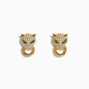 The Signature 14K Yellow Gold Diamond Panther Earrings feature panther heads with green gem eyes, sparkling clear stones, and a gold hoop in each mouth, shown against a white background.