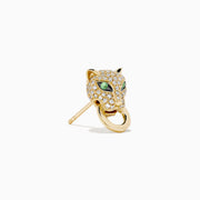 The Signature 14K Yellow Gold Diamond Panther Earrings feature panther heads with green gem eyes, sparkling clear stones, and a gold hoop in each mouth, shown against a white background.
