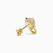 The Signature 14K Yellow Gold Diamond Panther Earrings feature panther heads with green gem eyes, sparkling clear stones, and a gold hoop in each mouth, shown against a white background.