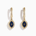14K Yellow Gold Blue Sapphire, White and Black Diamond Evil Eye Earrings feature a marquise-shaped design with sparkling gemstones on each hoop for a stylish and protective accessory.