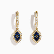 14K Yellow Gold Blue Sapphire, White and Black Diamond Evil Eye Earrings feature a marquise-shaped design with sparkling gemstones on each hoop for a stylish and protective accessory.