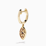 14K Yellow Gold Blue Sapphire, White and Black Diamond Evil Eye Earrings feature a marquise-shaped design with sparkling gemstones on each hoop for a stylish and protective accessory.