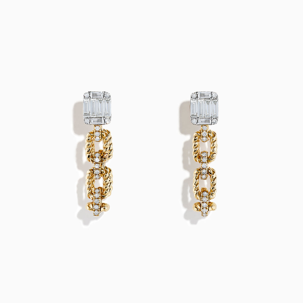 The DOro 14K Yellow Gold Chain Link Diamond Earrings showcase rectangular diamond studs with two interlocking gold chain links dangling below, set against a white background.