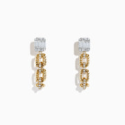 The DOro 14K Yellow Gold Chain Link Diamond Earrings showcase rectangular diamond studs with two interlocking gold chain links dangling below, set against a white background.