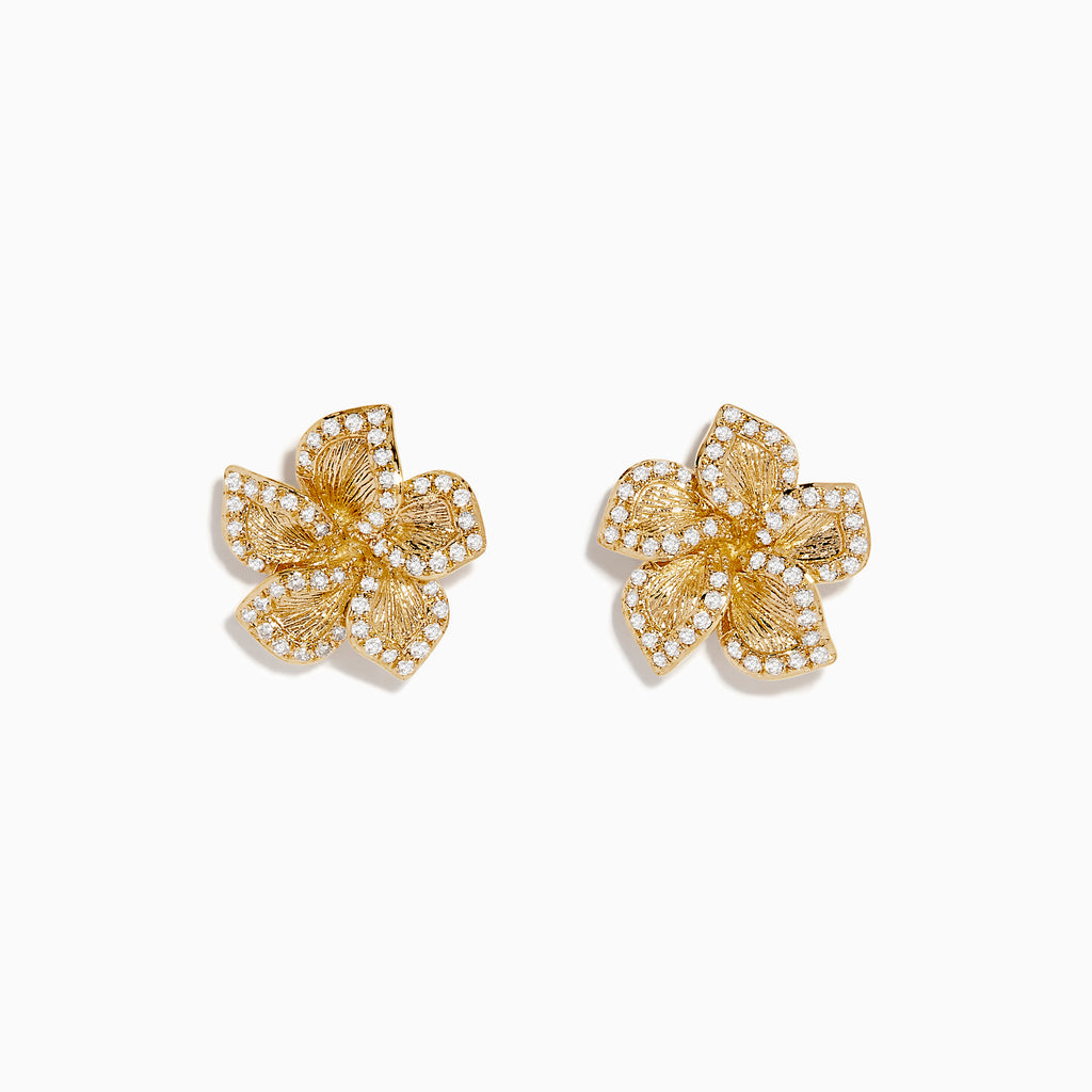 The Nature 14K Yellow Gold Diamond Flower Earrings feature intricate petal detailing and sparkling diamonds, beautifully displayed on a plain white background.