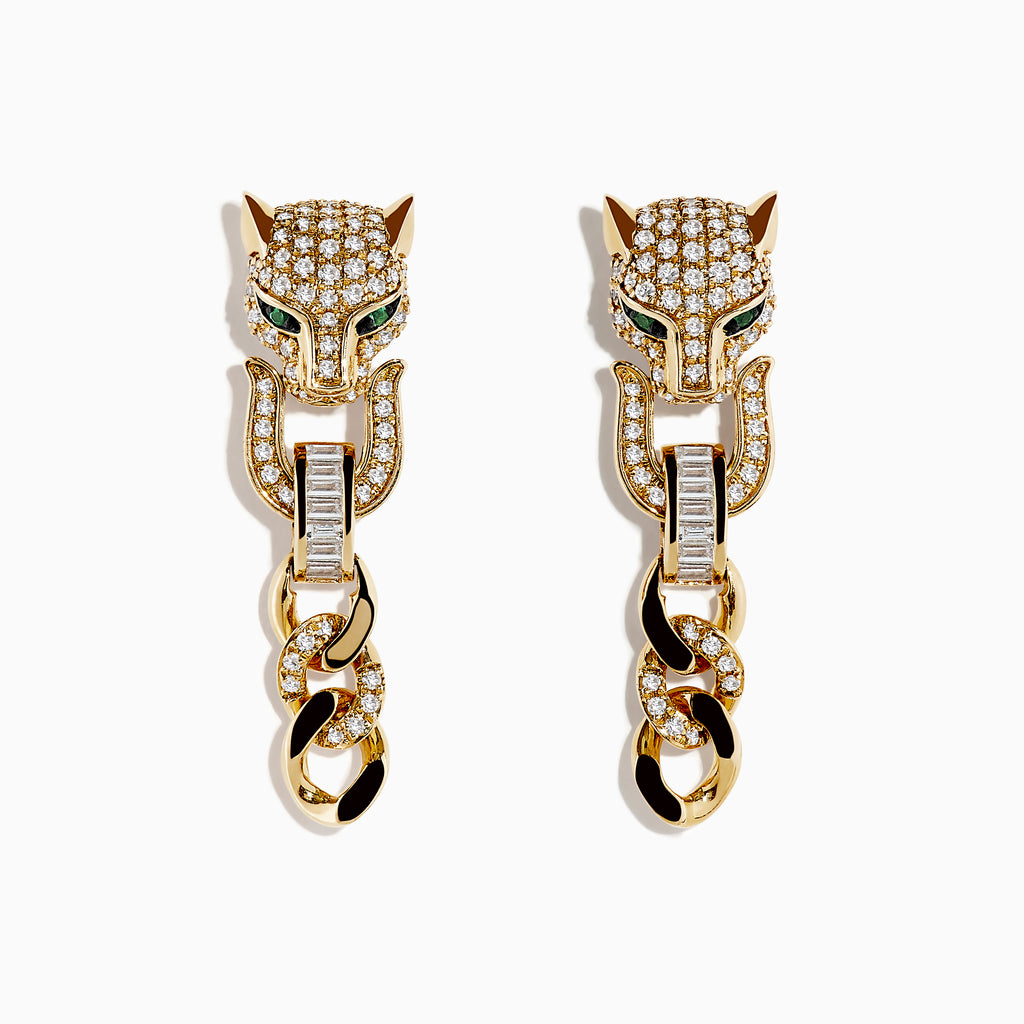 Signature 14K Yellow Gold Diamond and Emerald Panther Earrings feature panther heads with green emerald eyes, diamond accents, and hanging chain links—delivering a bold, elegant look.