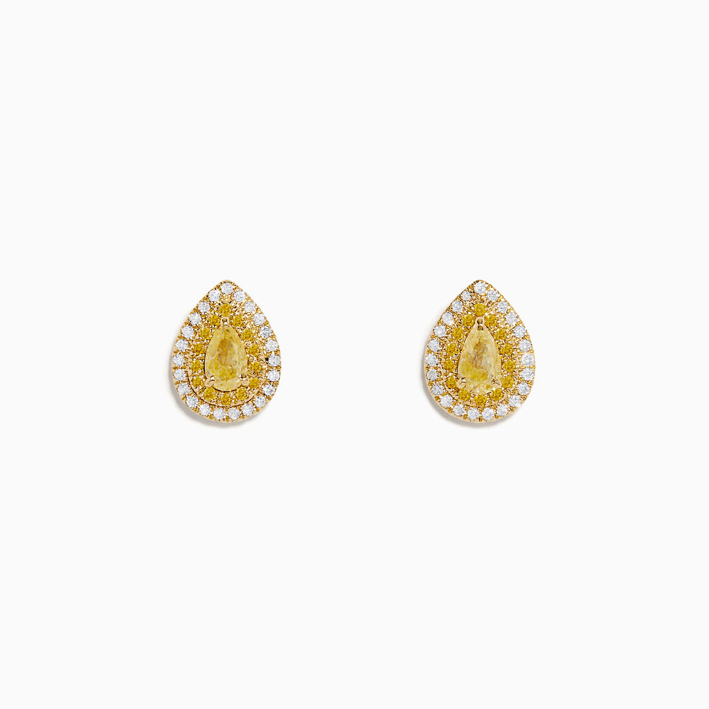 The 14K Yellow Gold White and Yellow Diamond Pear Stud Earrings feature teardrop shapes with double halos of white stones, capturing timeless elegance. Shown against a plain white background.