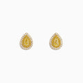 The 14K Yellow Gold White and Yellow Diamond Pear Stud Earrings feature teardrop shapes with double halos of white stones, capturing timeless elegance. Shown against a plain white background.