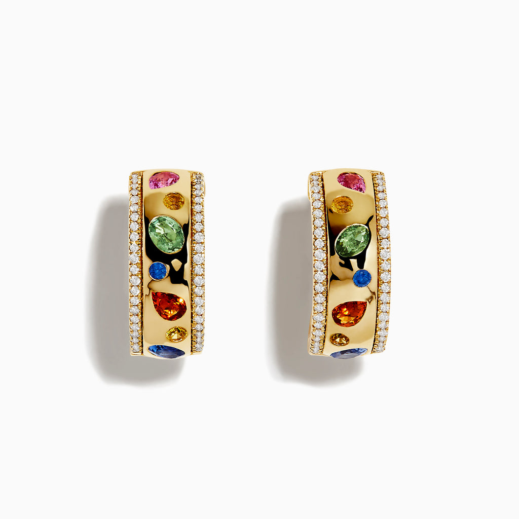 A pair of Watercolor 14k yellow gold bezel set multi sapphire earrings, accented with small white diamonds, displayed on a plain white background.