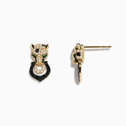 The Signature 14K Yellow Gold White and Black Diamond Panther Earrings feature panther head designs with white and black diamonds, green eye accents, and each holds a black circular ring in its mouth.