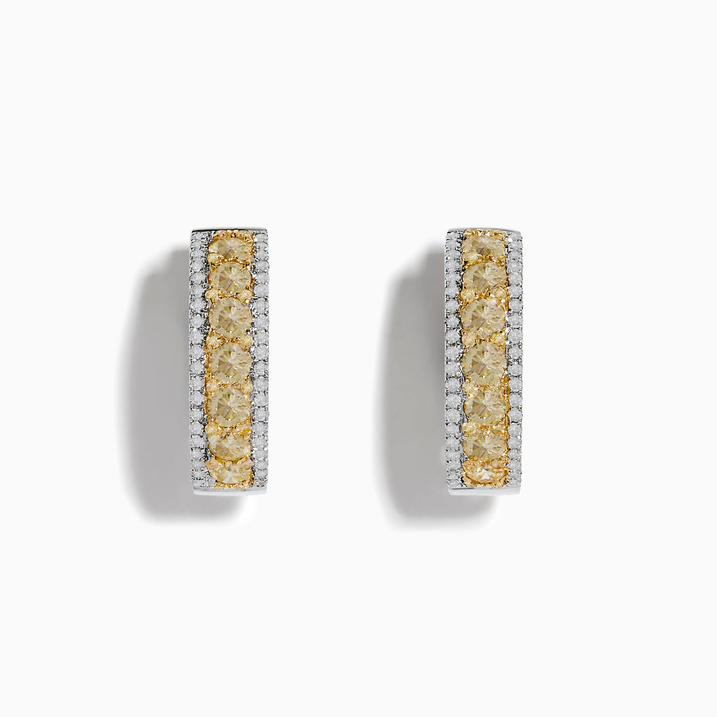 The 14K Two Tone White and Yellow Diamond Hoop Earrings feature a central row of yellow diamonds bordered by small white diamonds in a rectangular design, set in stunning silver or white gold, displayed on a white background.