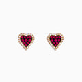 14K Rose Gold Ruby and Diamond Heart Earrings featuring red rubies at the center, bordered by small diamonds, displayed on a white background.