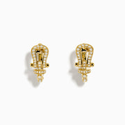 The Novelty 14K Yellow Gold Diamond Horseshoe Hoop Earrings feature a unique latch-shaped design with sparkling diamonds, shown on a white background.