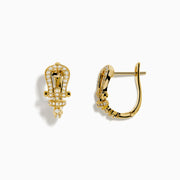 The Novelty 14K Yellow Gold Diamond Horseshoe Hoop Earrings feature a unique latch-shaped design with sparkling diamonds, shown on a white background.