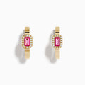 The 14K Yellow Gold Pink Sapphire and Diamond Hoop Earrings feature a rectangular pink sapphire framed by diamonds, crafted in yellow gold and displayed on a plain white background.