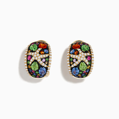 Watercolors 14K Yellow Gold Multi Sapphire and Diamond Starfish Earrings feature vibrant sapphires and sparkling diamonds in unique shapes, with starfish designs set against a white background.