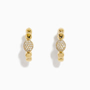 D'Oro 14K Yellow Gold Diamond Earrings feature round beads and a central bead adorned with sparkling white stones, offering a classic twist on diamond earrings. Displayed on a white background.