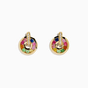 Watercolors 14K Gold Multi Sapphire and Diamond Open Hoop Earrings feature circular open hoops with multicolored sapphires—green, pink, blue, orange, yellow—and a vertical gold bar with sparkling diamonds. Shown on a white background.