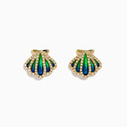 14K Yellow Gold Diamond and Enamel Scallop Shell Stud Earrings featuring blue and green enamel accents and sparkling diamond outlines, shown on a plain white background.