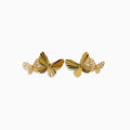 The 14K Yellow Gold Diamond Double Butterfly Stud Earrings feature a larger butterfly with ridged detailing and a smaller, gemstone-adorned butterfly, shown on a white background.