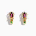 14K Yellow Gold Horseshoe Hoop Earrings featuring multi color sapphires and sparkling diamonds, displayed on a plain white background.