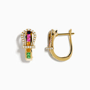 14K Yellow Gold Horseshoe Hoop Earrings featuring multi color sapphires and sparkling diamonds, displayed on a plain white background.