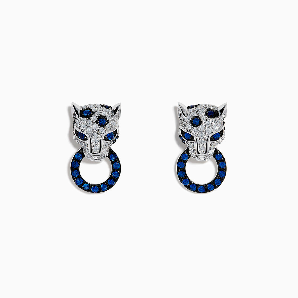 The Signature 14K White Gold Blue Sapphire and Diamond Panther Drop Earrings feature panther heads holding rings, accented with blue sapphires and diamonds for a captivating look.