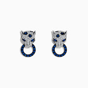 The Signature 14K White Gold Blue Sapphire and Diamond Panther Drop Earrings feature panther heads holding rings, accented with blue sapphires and diamonds for a captivating look.