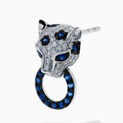 The Signature 14K White Gold Blue Sapphire and Diamond Panther Drop Earrings feature panther heads holding rings, accented with blue sapphires and diamonds for a captivating look.