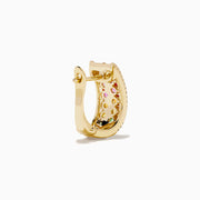 The Watercolors 14K Yellow Gold Multi Sapphire and Diamond Mini Hoop Earrings feature vibrant rows of colorful sapphires bordered by sparkling diamonds, shown against a white background.