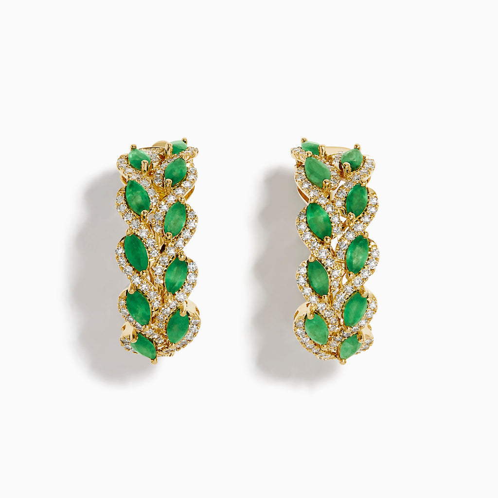 The 14K Yellow Gold Emerald and Diamond Marquise Leaf Hoop Earrings feature alternating marquise emeralds and diamonds in a graceful leaf-inspired design.