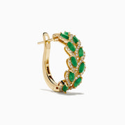 The 14K Yellow Gold Emerald and Diamond Marquise Leaf Hoop Earrings feature alternating marquise emeralds and diamonds in a graceful leaf-inspired design.