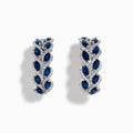 The 14K White Gold Sapphire and Diamond Leaf Motif Hoop Earrings feature marquise blue sapphires in a leaf design with diamond accents, set against a white background.