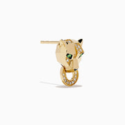 Signature 14K Yellow Gold Panther Stud Earrings feature tsavorite green gemstone eyes and a diamond-encrusted gold ring in each panther’s mouth.