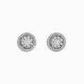 Bouquet 14k White Gold Diamond Cluster Stud Earrings feature a floral diamond center with a double halo of smaller diamonds, totaling 0.99 TCW, set in shimmering white gold.