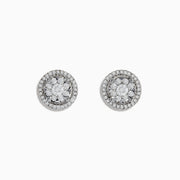 Bouquet 14k White Gold Diamond Cluster Stud Earrings feature a floral diamond center with a double halo of smaller diamonds, totaling 0.99 TCW, set in shimmering white gold.