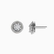 Bouquet 14k White Gold Diamond Cluster Stud Earrings feature a floral diamond center with a double halo of smaller diamonds, totaling 0.99 TCW, set in shimmering white gold.