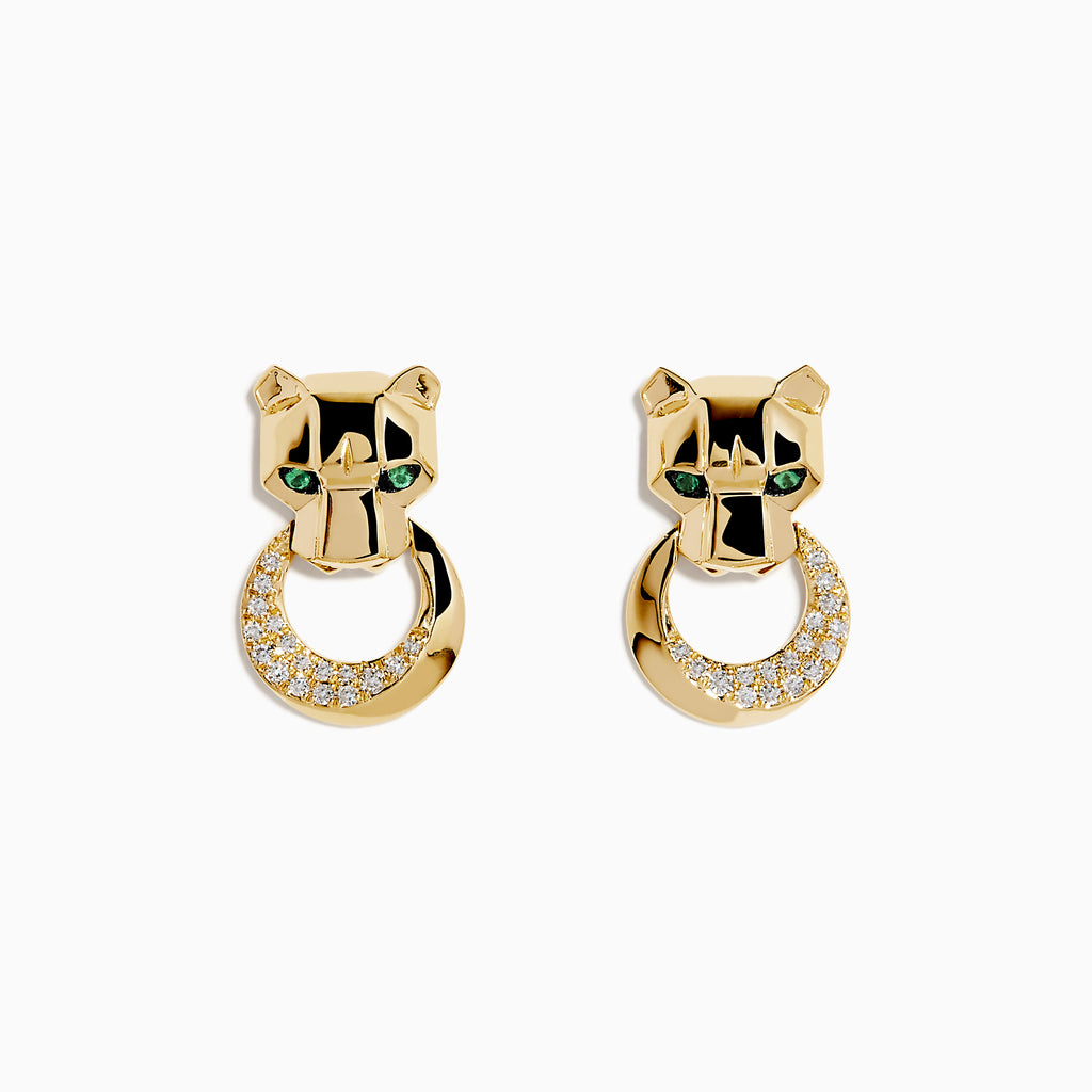 Signature 14K Yellow Gold Diamond and Emerald Panther Earrings featuring panther heads with emerald eyes, each holding a circular, diamond-encrusted hoop in their mouths, shown on a white background.