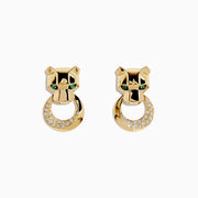 Signature 14K Yellow Gold Diamond and Emerald Panther Earrings featuring panther heads with emerald eyes, each holding a circular, diamond-encrusted hoop in their mouths, shown on a white background.