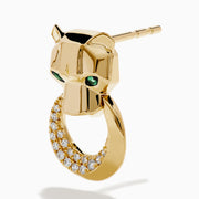 Signature 14K Yellow Gold Diamond and Emerald Panther Earrings featuring panther heads with emerald eyes, each holding a circular, diamond-encrusted hoop in their mouths, shown on a white background.