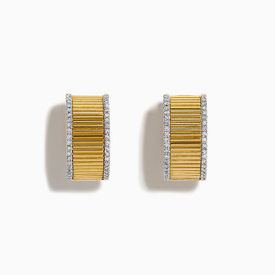 The D'Oro 14K Yellow Gold Diamond Hoop Earrings feature a ribbed texture with a border of small white diamonds, displayed against a white background.