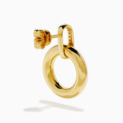 The 14K Yellow Gold Diamond Accented Circle Drop Earrings feature circular hoops with diamond accents on the upper bar, shown against a white background.