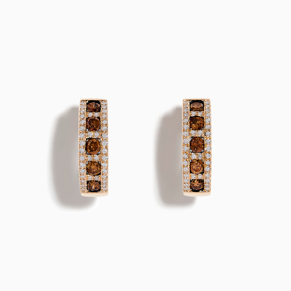 The 14K Rose Gold Brown and White Diamond Hoop Earrings feature a row of round brown and white diamonds in the center, bordered by small clear stones on each side, displayed against a white background.