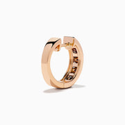 The 14K Rose Gold Brown and White Diamond Hoop Earrings feature a row of round brown and white diamonds in the center, bordered by small clear stones on each side, displayed against a white background.